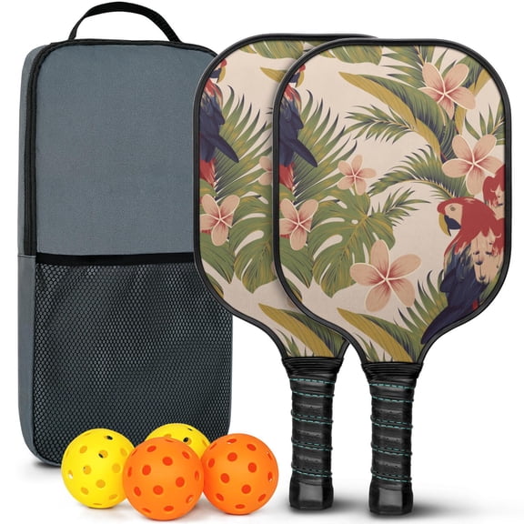 Pickleball Paddles Set Of 2, Fiberglass Surface, Tropical Jungle Print, 4 Balls & Bag
