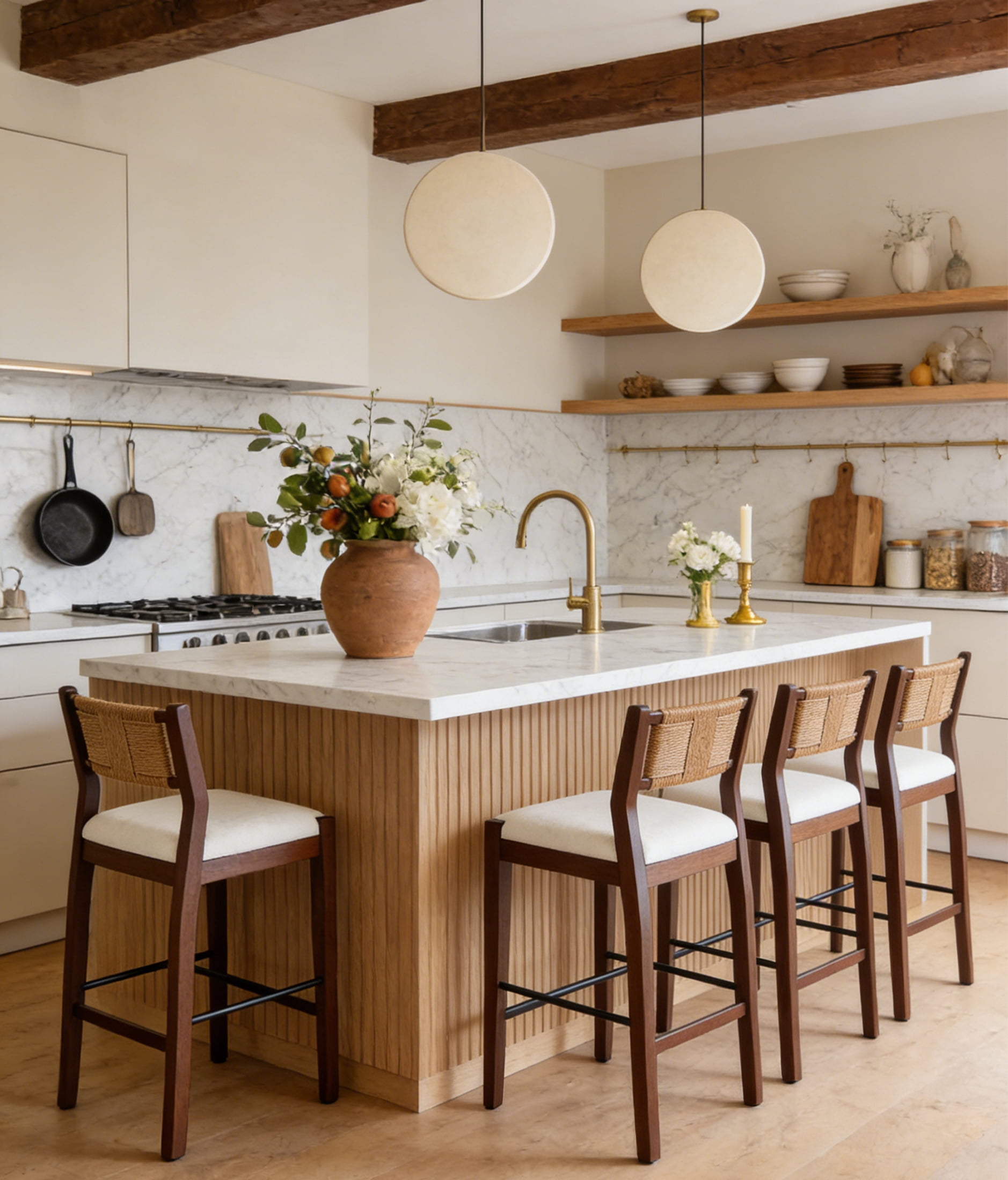 Guyou 26" Rattan Barstools Set of 2, Boho Solid Wood Counter Height Bar Stools, Chenille Upholstered Kitchen Island Chairs for Dining Room Bar, White