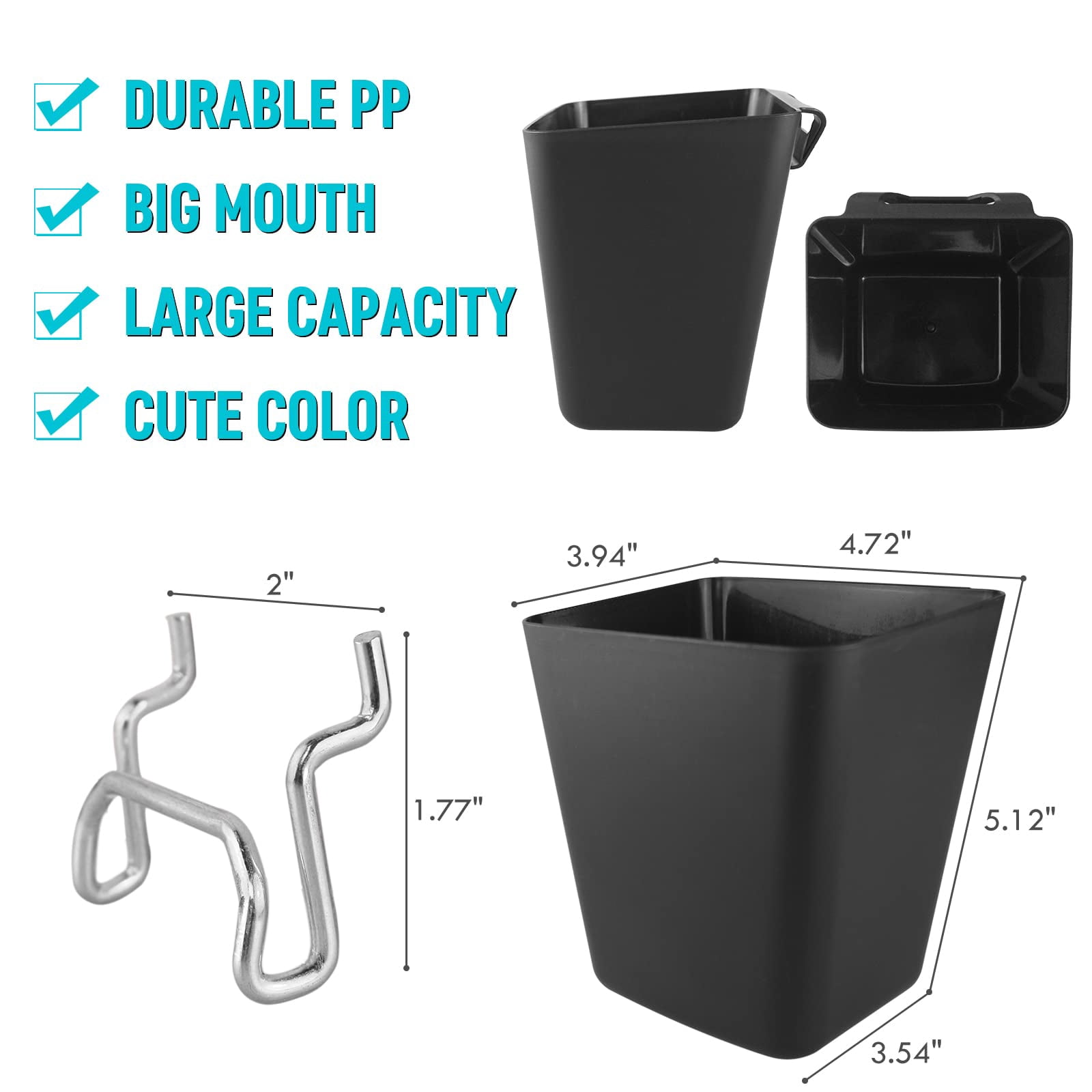 Large Pegboard Cups Peg Board Storage Bin 6 Pack With Hooks  Square Box Shape Cup Holder Accessories For Garage Workbench/craft Room/office/playroom/home Kitchen Organization (black)