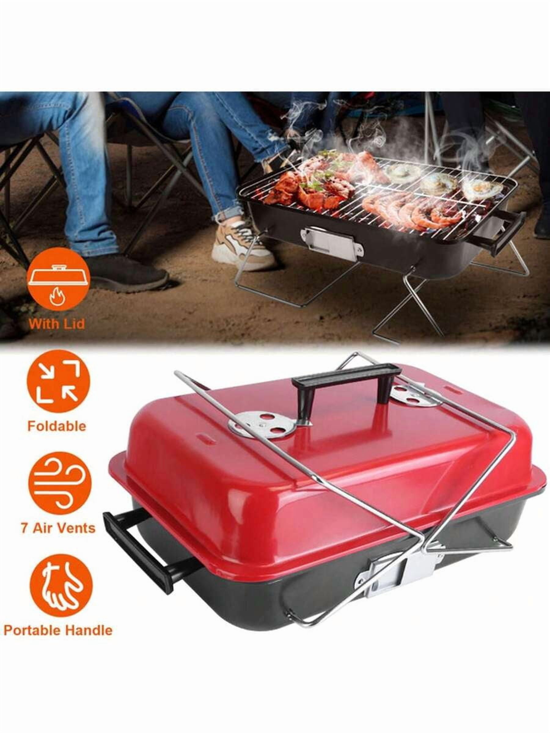 Foldable Portable Charcoal Grill With Lid - Compact Tabletop BBQ Grill For Backyard, Camping, Picnic & Beach, Outdoor Bonfire Cooking Kit