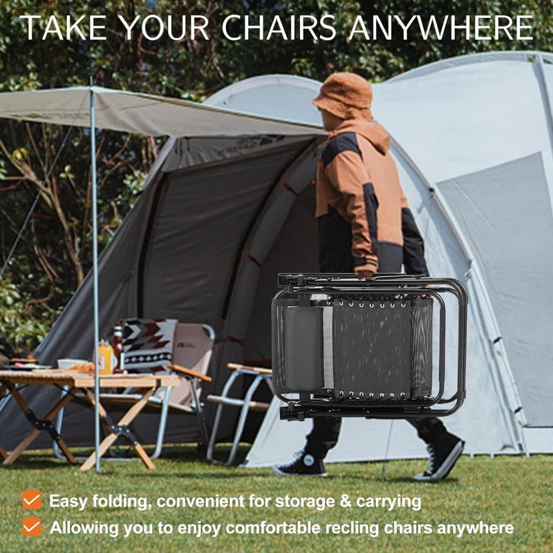 Kelno Recliner Chair 2 Pack Zero Gravity Adjustable Pillow Outdoor Portable Lounge Chair with Cup Holder Tray, Black