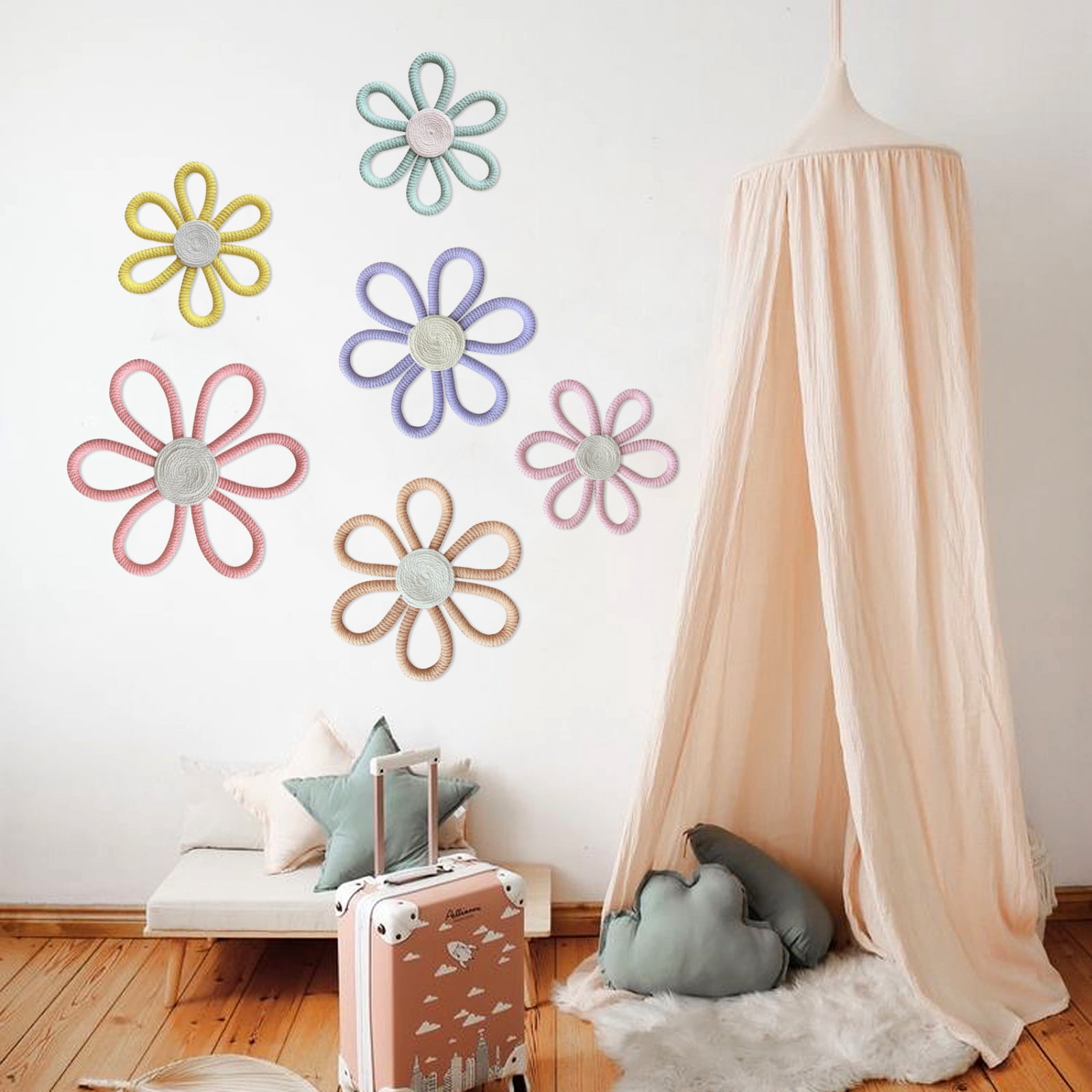 Zeyune 6 Pcs Boho Daisy Flower Wall Art Decor Boho Nursery Wall Art Decor  Daisy Flower Woven Macrame Wall Hanging for Home Indoor Decorations Kids