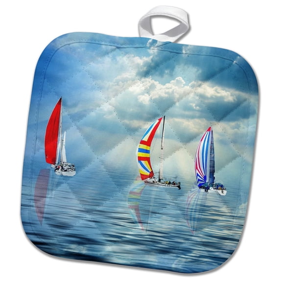 3dRose, Colorful Sailboats on a Calm Ocean Nautical Sailing Theme, 8x8 Potholder