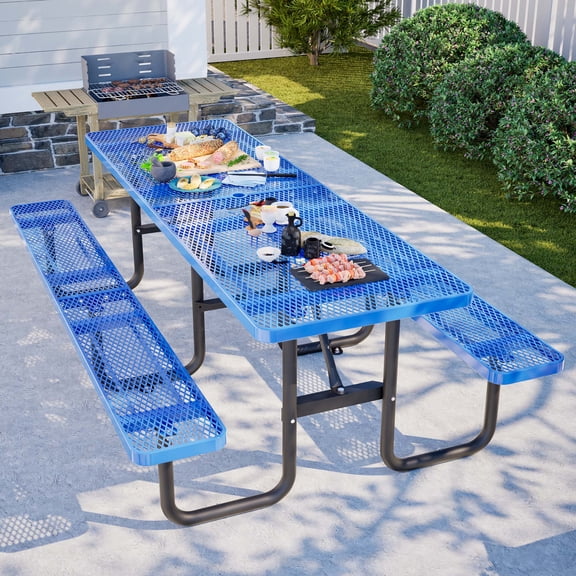 RocVanc 96" Metal Picnic Table with Benches Heavy Duty Commercial Outdoor Dining Table with Umbrella Hole Weather Resistant Patio Furniture Blue