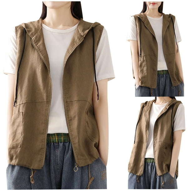 Chaquetas y abrigos casuales con capucha sin mangas Cárdigan de lino con capucha para mujer Chaleco informal sin mangas con costuras sueltas Chaqueta corta Chaleco de algodón y lino para mujer
