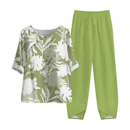 

Summer Saving Clearance 2 Piece Xihbxyly Womens Lounge Sets 2 Piece Outfits Women s Summer Printed Half Sleeve Round Neck Cropped Top Casual Long Pants Suit Two Piece Pajama Lounge Sets Green XXL