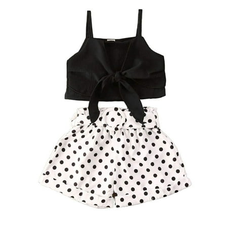 

Actoyo Toddler Baby Girl Summer Outfits Strap Bowknot Crop Tops + Polka Dot Short Pants Outfits 1-6Years