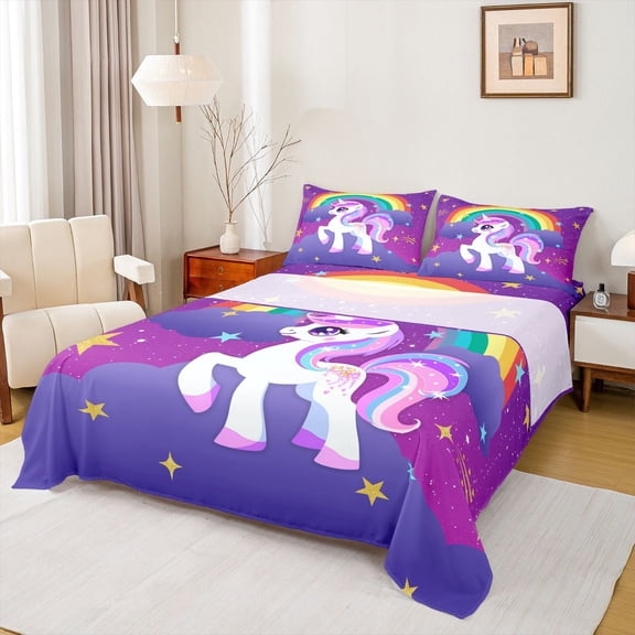 Manfei Cute Unicorn Twin Sheet Sets,Rainbow Stars Pattern Twin Fitted Sheet,Gold Starry Night Flat Sheet For Girls Kids,Breathable Home Decor,3 Pieces