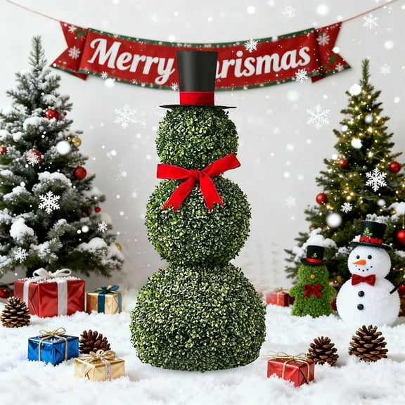 25.6" Artificial Snowman Boxwood Topiary Christmas Decorations Plants, Christmas Bows Snowman Garden Christmas Decoprations Outdoor Indoor, Cute Artificial Green Plants Christmas Ornaments for Home