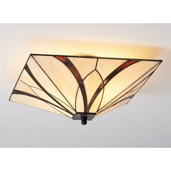 Vintage Semi Flush Ceiling Light Antique Brass Art Colorful Glass Shade 3-Light