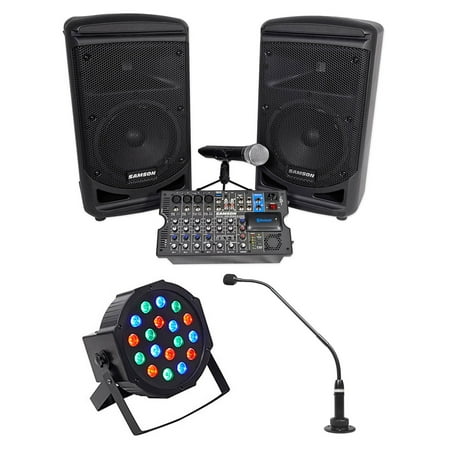 Samson 8" Bluetooth Speakers+Mixer+Podium Mic+Stage Light 4 Church Sound Systems