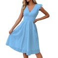 thumbnail image 2 of Women'S 2025Eyelet Lace Embroidery Smocked Waist Party Dress Flutter Sleeve A Line Midi Long Sun Dress  Blue S, 2 of 8