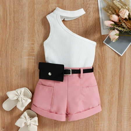 

Hunpta Summer Toddler Girls Sleeveless Ribbed Vest Off Shoulder Tops And Shorts Belt Waist Bag Outfits