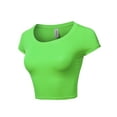 thumbnail image 2 of A2Y Women's Basic Solid Printed Scoop Neck Cap Sleeve Fitted Crop Rayon Top Tee Shirt Lime XS, 2 of 3