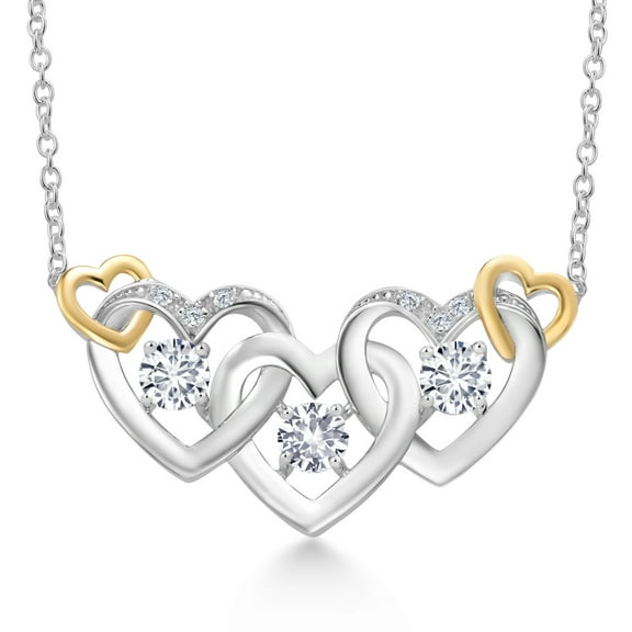 Gem Stone King 925 Silver and 10K Yellow Gold White Created Sapphire and White Lab Grown Diamond Heart Shape Pendant Necklace for Women (0.85 Cttw, with 18 inch Chain)