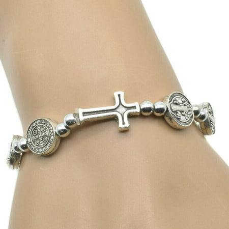 Silver Saint St Benedict Medal Cross Rosary Bracelet Pulsera De San Benito