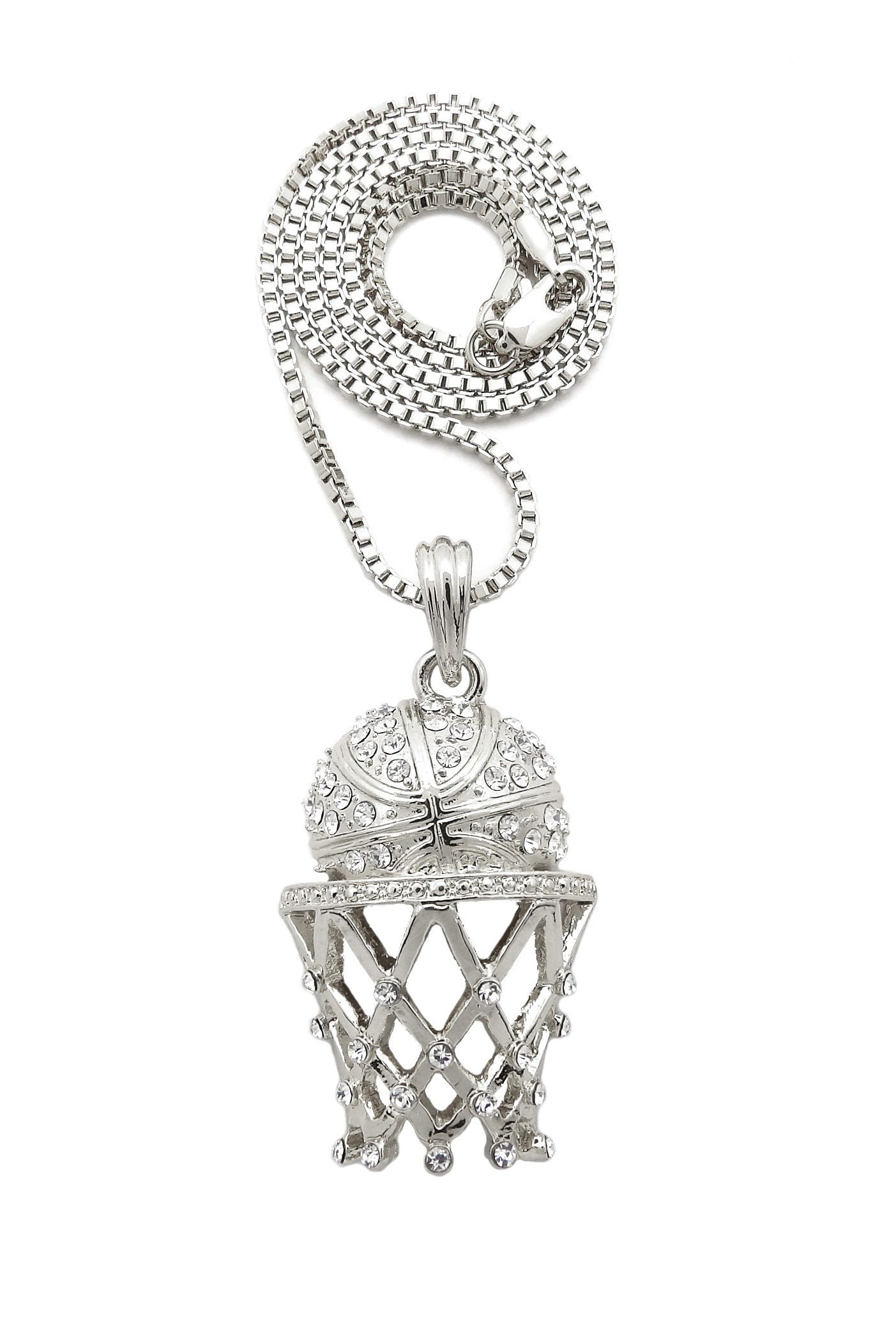 Stone Stud Basketball Goal Net Pendant with 3mm Box Chain Necklace