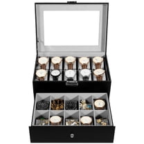 Uten 20-Slot Luxury Watch Box with Jewelry Storage Drawer, 2-Layer PU Leather Display Case with Glass Top & Velvet Lining, Black