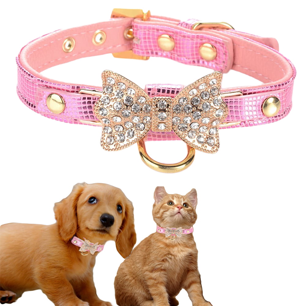 SHELLTON Gold Bling Diamond Giltter Leather Fashion Collar with Ring for  Tags for Small Dogs,Cat,Puppy and Kitty Walking Travel Party Gifts Tedd,  Poodle Dog,Bulldog and Yorkshire Terrier 
