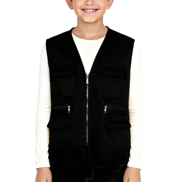 Camiseta sin mangas con cuello en V para niños, de color liso, para viajes de voluntariado, con múltiples bolsillos, de poliéster.