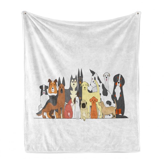 Dog Soft Flannel Fleece Throw Blanket, Nursery Cartoon Style Clutter of Dogs Husky Jack Russel Terrier Bulldog Illustration, Cozy Plush for Indoor and Outdoor Use, 50" x 70", Multicolor, by Ambesonne