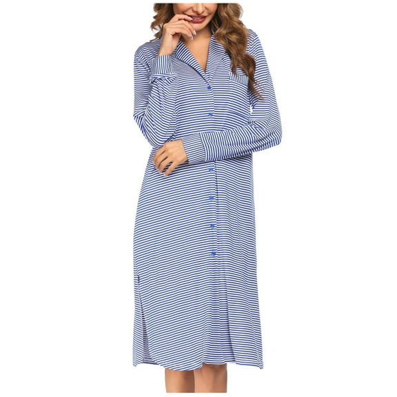 Taqqpue Nightgowns for Women Button Down Sleepshirt Casual Long Sleeve Striped Night Shirt Sleepwear Cotton Soft Pajamas Dress Long Sleep Shirt Nightshirt Soft Loungewear