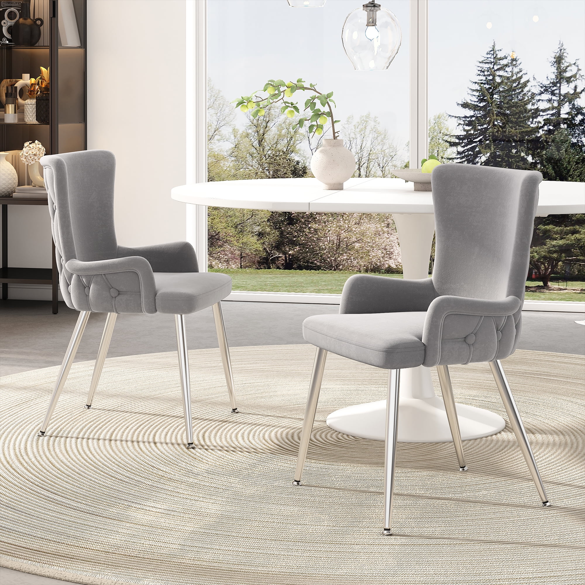 Noble House Set of 6, Velvet Dining Chairs, Light Luxury Tufted Chair with Four Gold Metal Legs,Gray