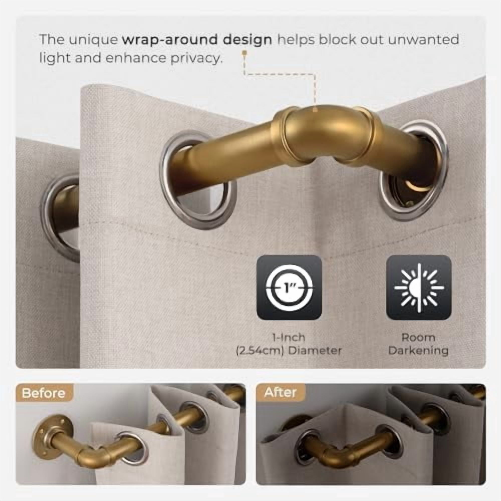 Curtain Rods for Windows 66 to 120, 1 Inch Industrial Wrap Around Warm Gold Curtain Rod, Indoor/Outdoor Room Divider Adjustable Drapery Pole, 66"-120"