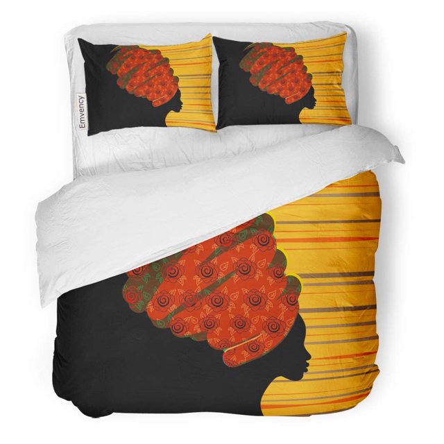 ABPHQTO Juego de ropa de cama de 3 piezas con retrato de mujer hermosa en turbante tradicional Kente Head Dashiki Black Afro Women Silhouette funda nórdica con 2 fundas