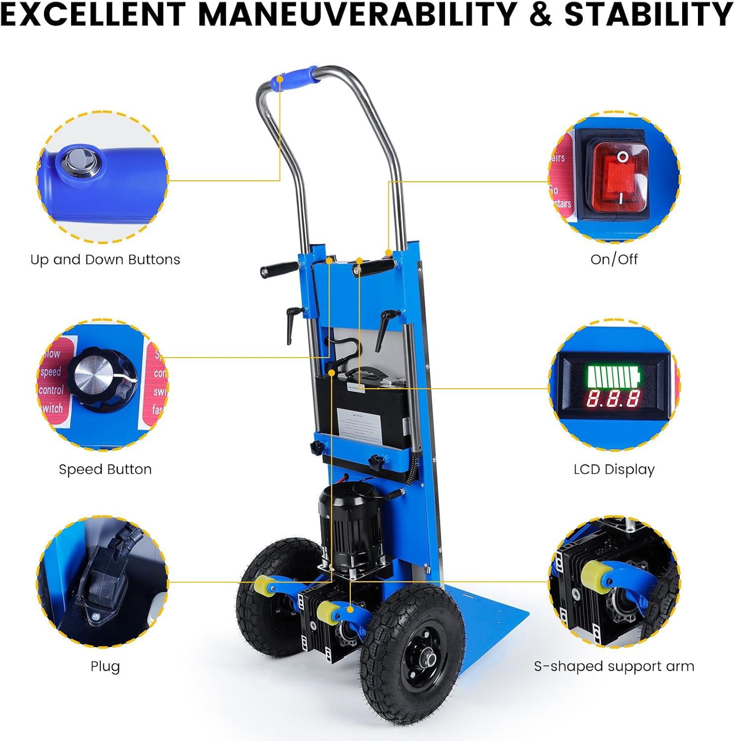 Joreek Electric Stair Climbing Dolly 1200W Powered Stair Climbing Hand Trucks 880lbs Max Capacity Electric Dolly for Stairs with 4M Safety Rope