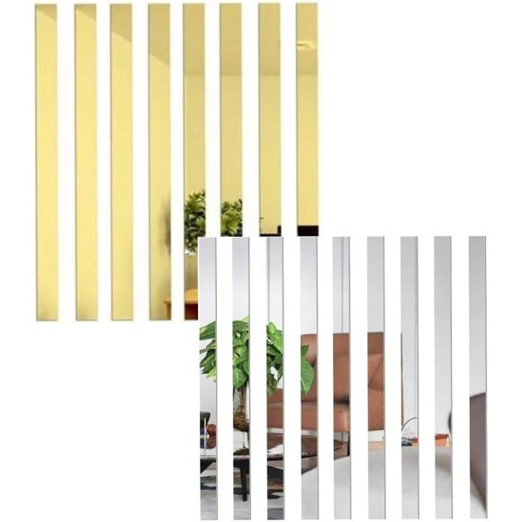 FYBTOF 20 Pcs Mirror Wall Stickers Striped Design Mirror Art Tile Decal DIY Self Adhesive Wall Line Border Decals Removable Acrylic Mirror Wall Stickers and Murals for Decor 5*20cm(Sliver&Gold)-2699