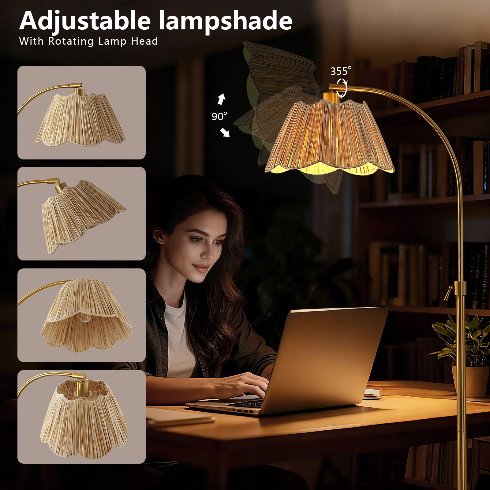 RORIA 64” Curved Floor Lamp, Height Adjustable gold Standing Lamp,with a woven paper shade, perfect for bedrooms, living rooms, and offices (bulb included)