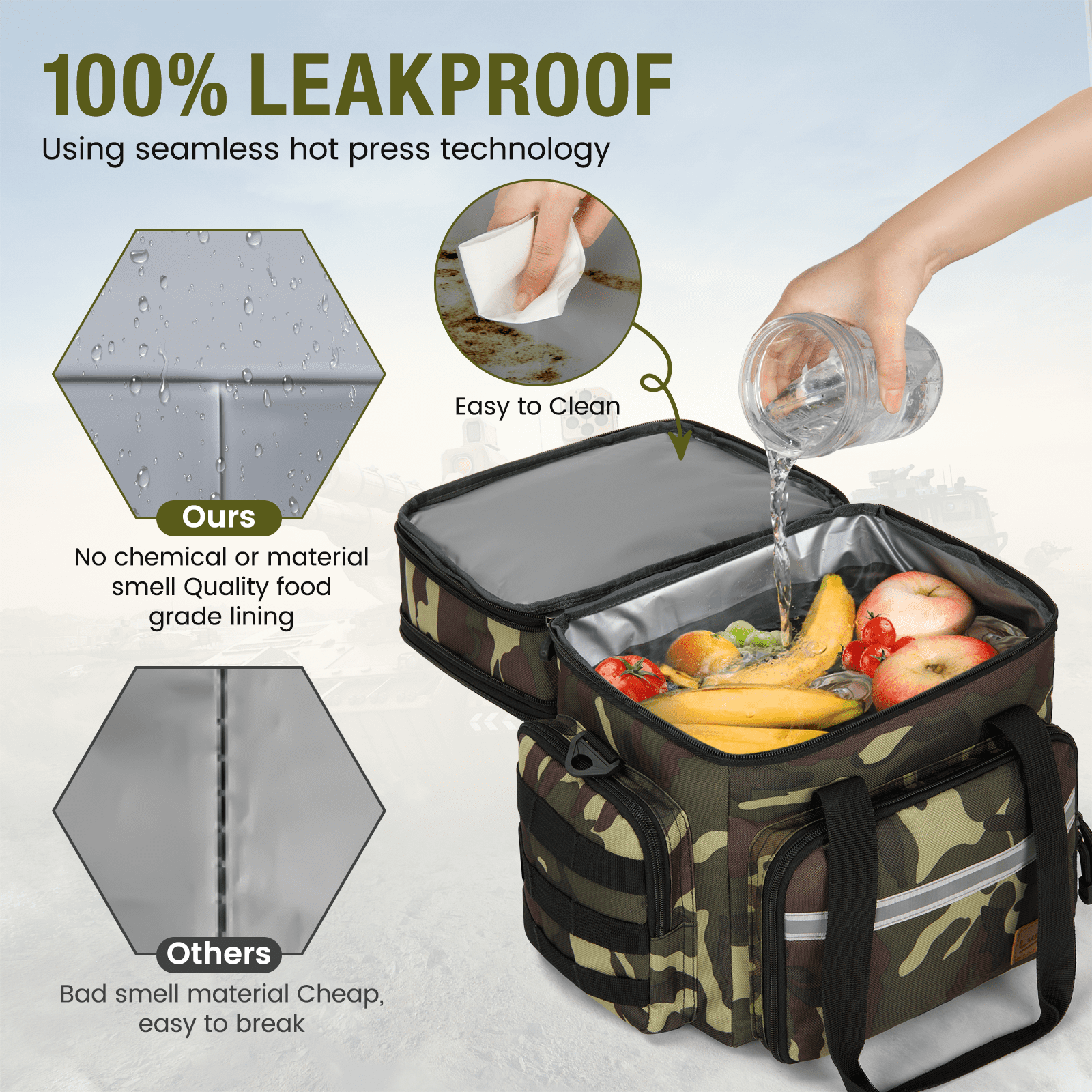 Expandable Insulated Lunch Bag w/ Leakproof Design - 24 Can Capacity, Double Deck Cooler Box with Adjustable Shoulder Strap/Side Pockets for Men & Women - Durable for Work/Travel/Outdoor, Camo Green