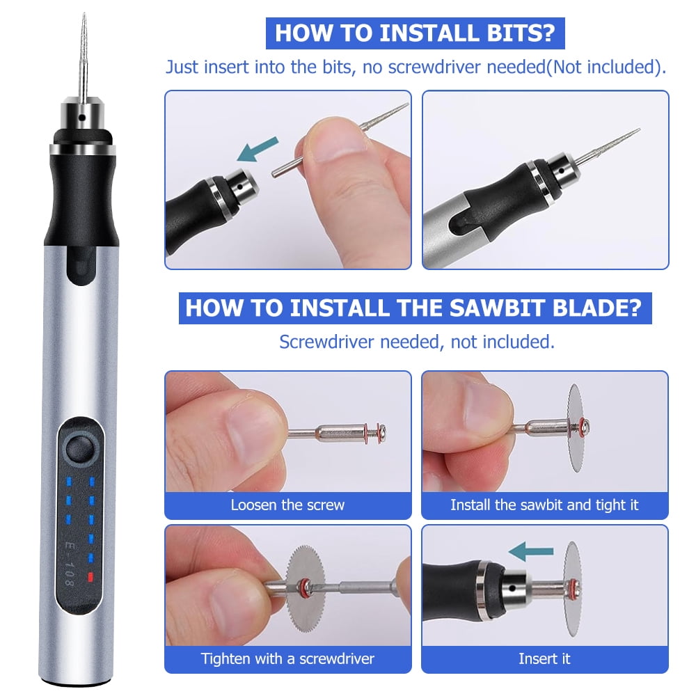 JENABOM 58PCS Silver Electric Engraving Pen, Cordless Electric Rotating Tool, 3-speed Adjustable, USB Charging Engraving Tool, Suitable for Jewelry, Wood, Metal