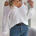 thumbnail image 3 of UTSJKR Women's Trendy Cold Shoulder Sweaters 2024 Fashion Clothing Solid V Neck Pullover Tops Cable Knit Loose Oversized Jumper Long Lantern Sleeve Sleeve Fall Sweaters White S, 3 of 8