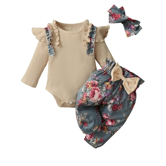HWJAD Newborn Baby Girl Clothes, Infant Girl Outfits Long Sleeve Ruffle Romper   Floral Pants   Headband Set