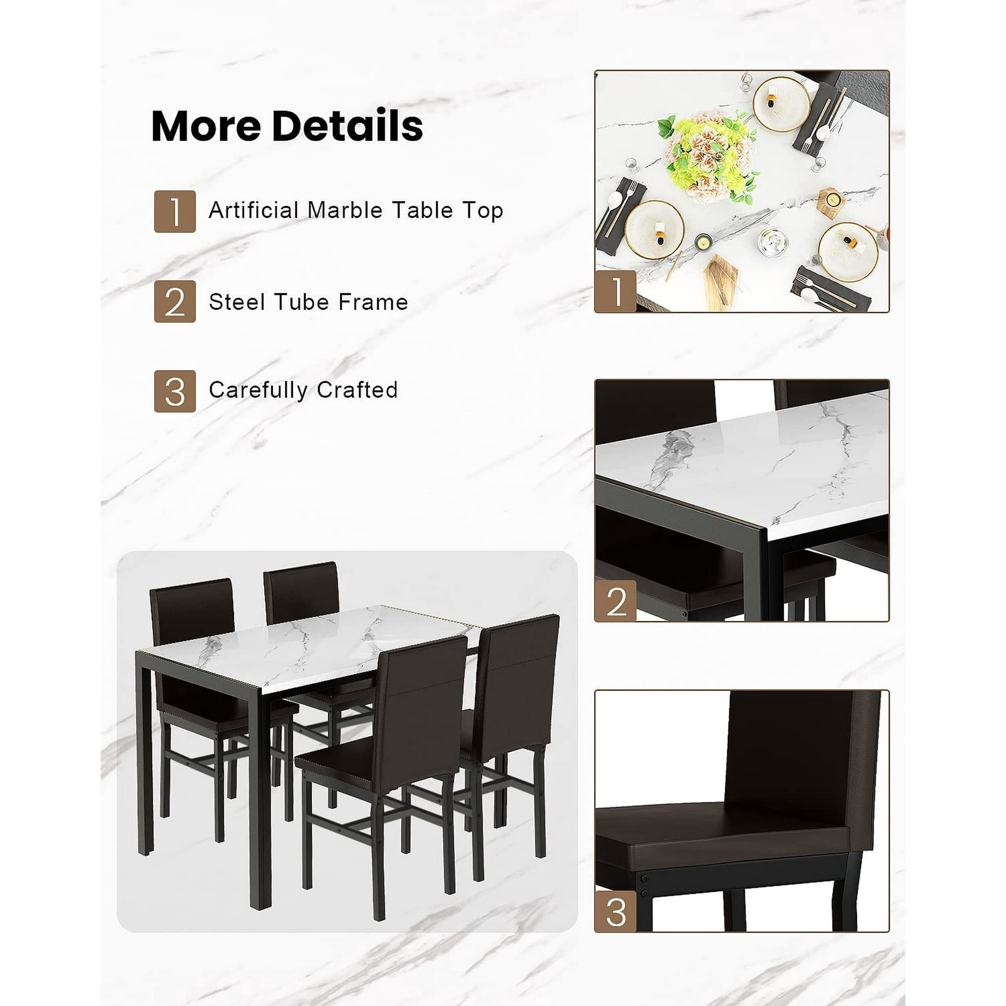 Baxluxe 5 Peice Dining Table Set, Faux Marble Dining Room Table and Chairs Set, Rectangle Kitchen Table Set with Durable Metal Frame and Upholstered Chairs, White