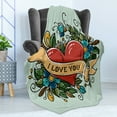 thumbnail image 4 of Old School Soft Flannel Fleece Throw Blanket, Heart with I Love You Lettering Ribbon and Botanical Ornaments, Cozy Plush for Indoor and Outdoor Use, 50" x 70", Almond Green Multicolor, by Ambesonne, 4 of 5