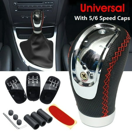 Black And Red Gear Shifter PU leather Universal Manual Transmission MT Car Gear Stick Shift Shifter + 5/6 Speed 3 Caps Black /Red ()
