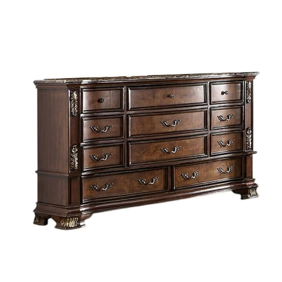 BenJara Prio Wide Dresser, 11 Drawers, Marble Top, Carved Cherry Brown Wood