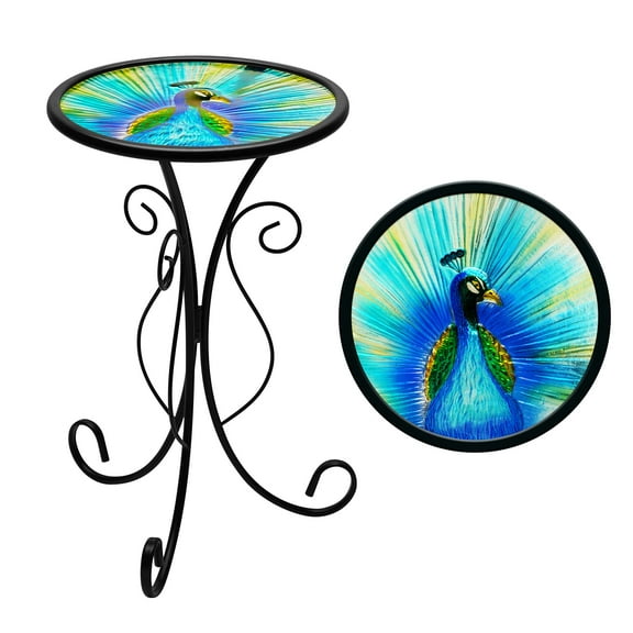 G128 12 in Round Glass Outdoor Side Table Peacock Pattern | Decorative Plant Stand, Small End Table for Garden Patio Porch Living Room