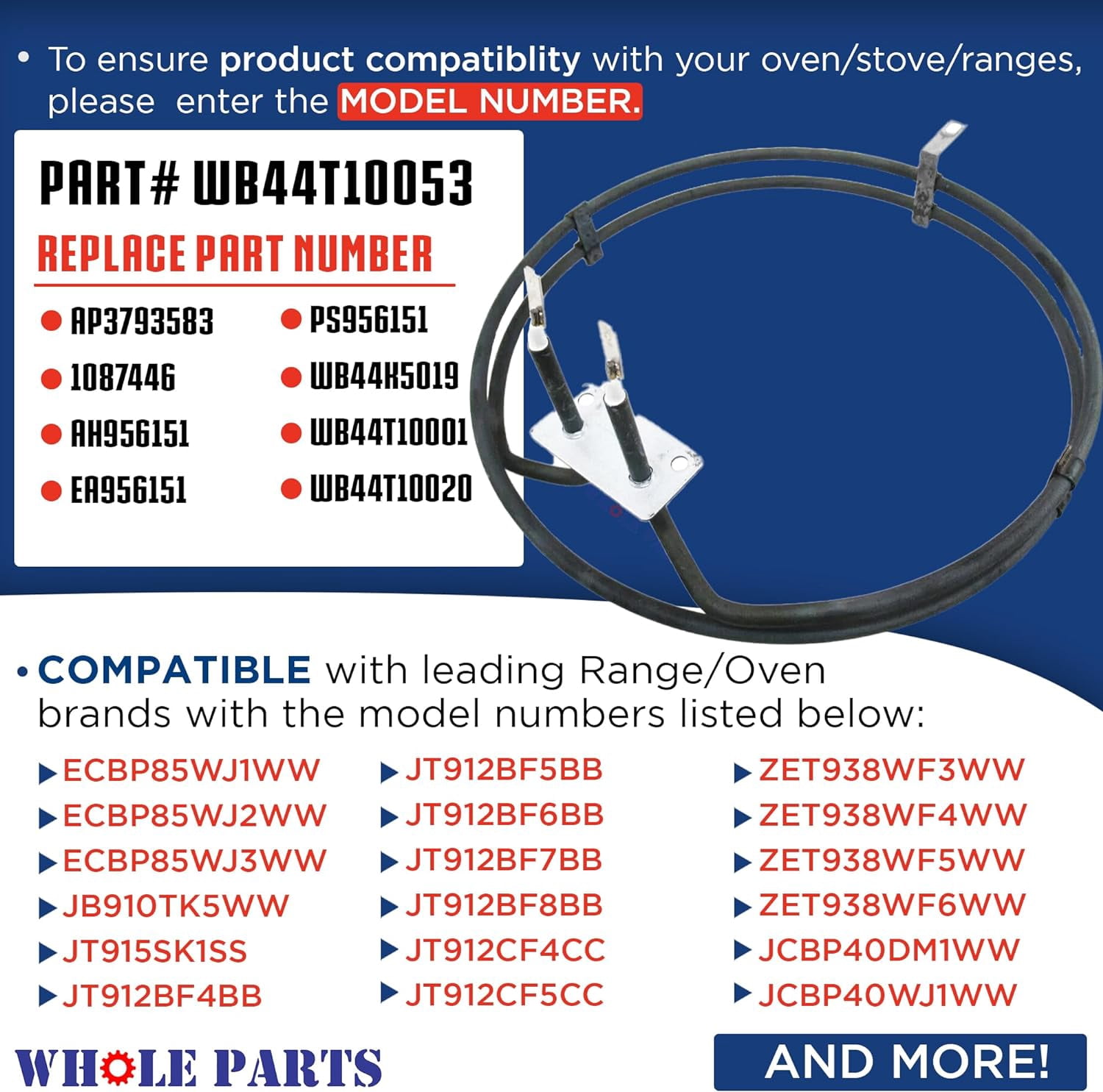 Whole Parts Range Convection Element Part# WB44T10053 - Replacement and Compatible with Some GE Ranges or Ovens