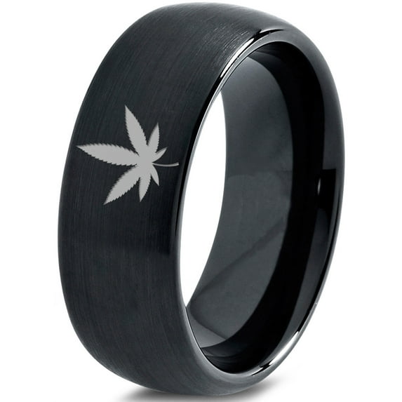 Tungsten Marijuana Weed Cannabis Leaf Band Ring 8mm Men Women Comfort Fit Black Dome Brushed Polished