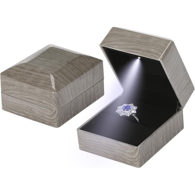 Bamboohart Wooden Wedding Ring Earring Gift Box with LED Light Small Velvet Lining Jewelry Ring Display Holder Case for Proposal Wedding Engagement (Style 3)