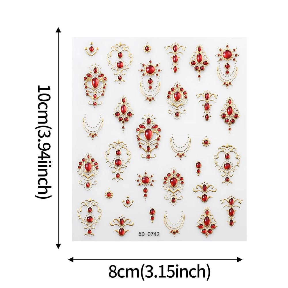 2pcs Baroque Retro Ruby Nail Art Stickers - Embossed 3D Epoxy Adhesive Nail Decorations