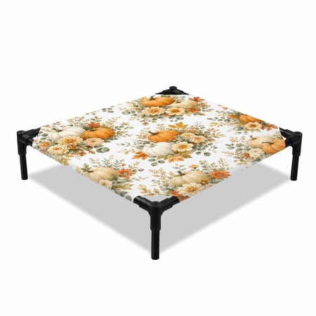 Vintage Fall Elevated Dog Bed Orange Pumpkins Flowers Eucalyptus Leaves Country Cooling Breathable Outdoor Raised Dog Cot Bed with Metal Frame Non-Slip Feet for Small Dog 20x20in