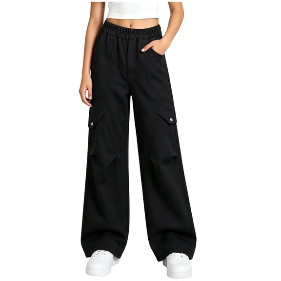 LvhaoGJOB Kids' Wide-Leg Pants - Soft, Elastic Waist & Pockets - Black 13-14 Years