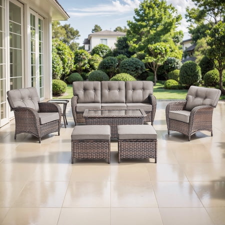 OPOHORO Outdoor 7 Pieces Conversation Set Brown Wicker Sofa with Lounge Chairs Side Table Coffee Table and Ottomans Patio Furniture Set with 5 Thick Cushion for Backyard Gray