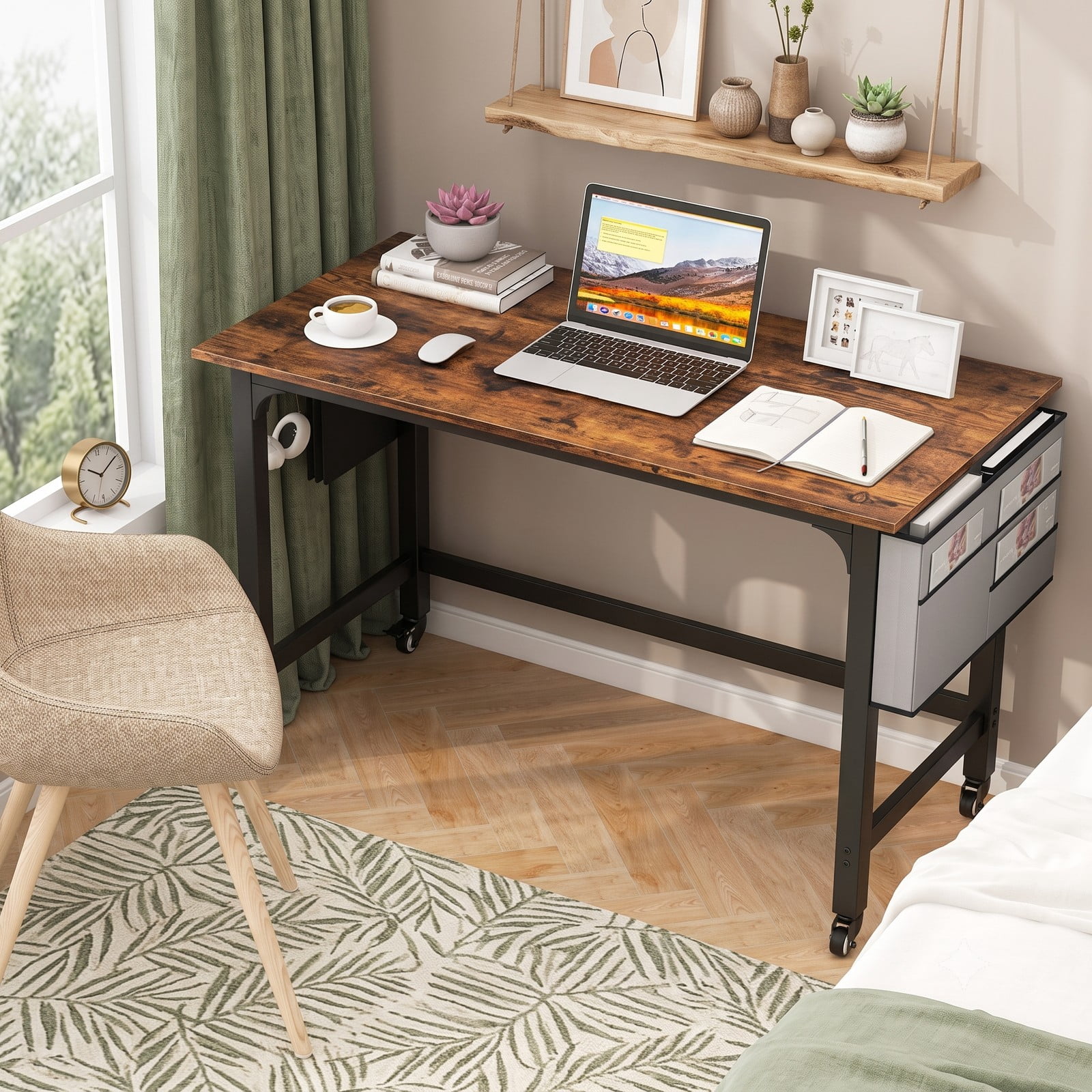Furnibear Rolling Computer Desk Home Office Desk with Detachable Fabric Bag and Wheels, Mobile Writing Desk with Metal Frame, Rustic Brown