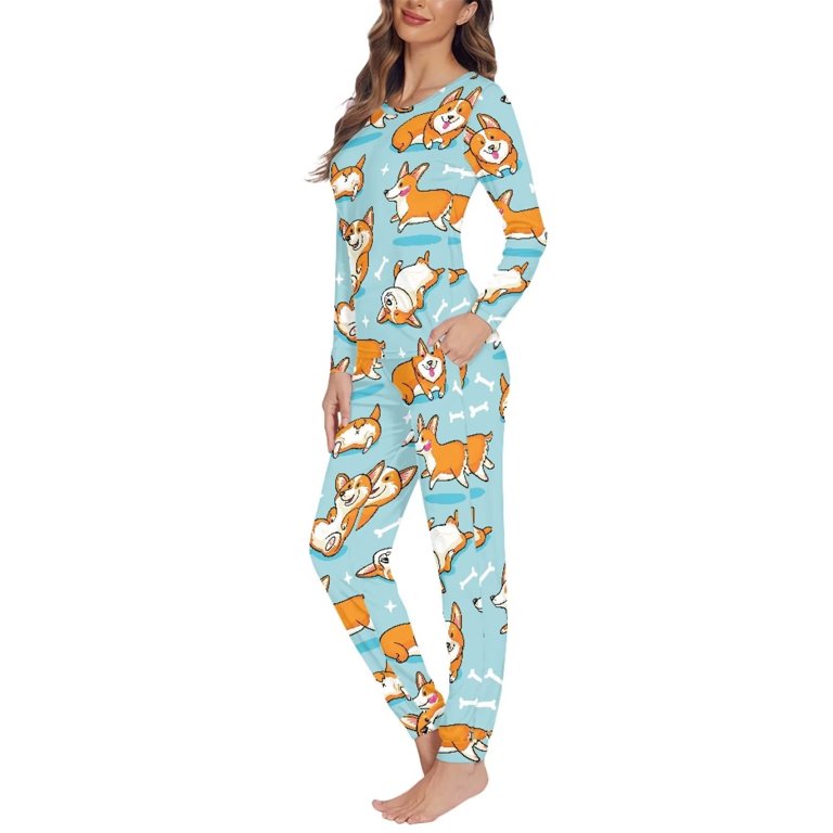 Renewold Women Pajamas Set Ultra Smooth Skin Friendly Pajamas Sets Playing Corgis Print Sweatpants Long Sleeve Pjs Size 6XL